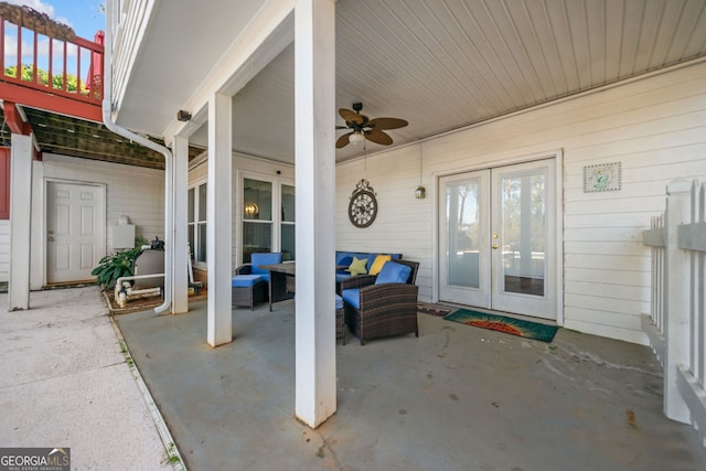 view of patio with ceiling fan, french doors, and an outdoor hangout area