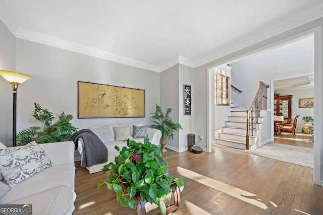 living room with dark hardwood / wood-style flooring and ornamental molding