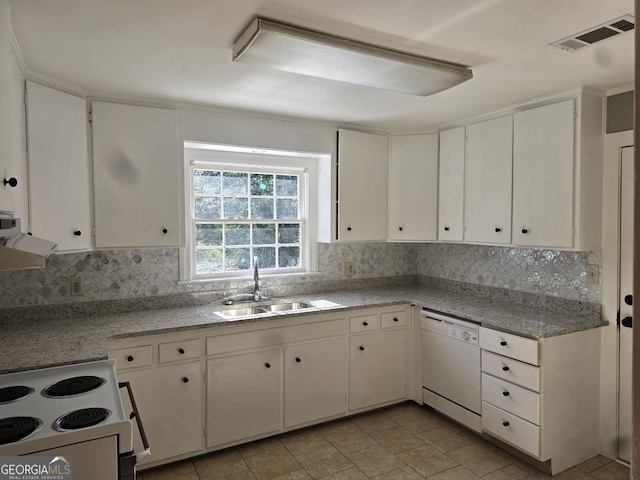 kitchen featuring dishwasher, sink, electric range, decorative backsplash, and white cabinetry