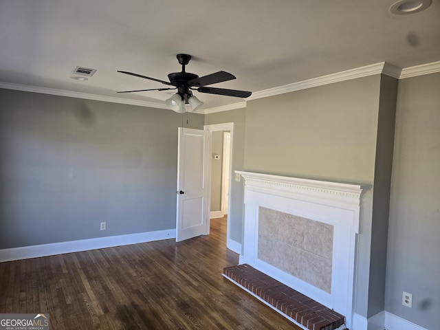 unfurnished living room featuring ceiling fan, dark hardwood / wood-style flooring, and ornamental molding