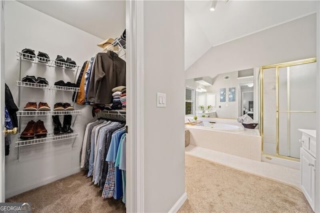 walk in closet with carpet floors and lofted ceiling