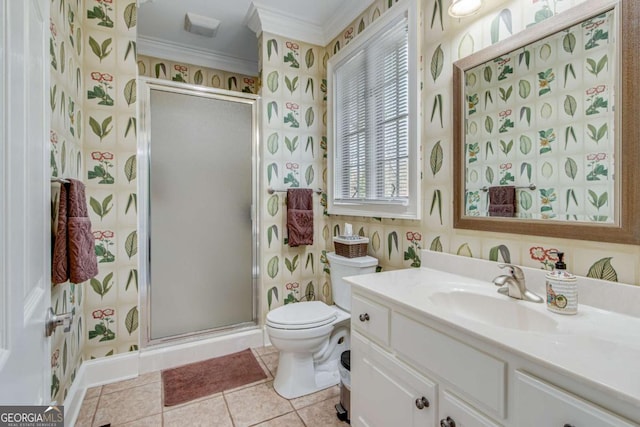 bathroom featuring vanity, tile patterned floors, crown molding, toilet, and walk in shower