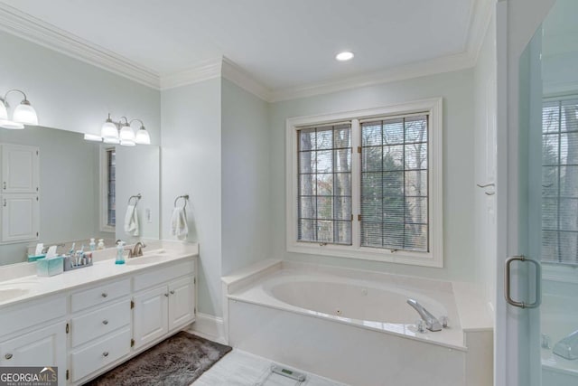 bathroom featuring vanity, ornamental molding, and independent shower and bath