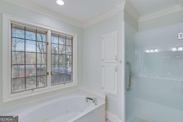 bathroom featuring shower with separate bathtub and ornamental molding