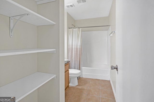 full bathroom with tile patterned floors, vanity, toilet, and shower / bathtub combination with curtain