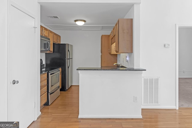 kitchen with kitchen peninsula, light wood-type flooring, stainless steel range with electric stovetop, and sink