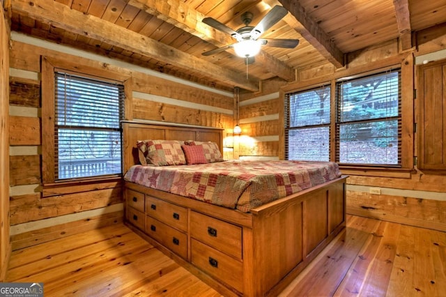 bedroom featuring light wood-type flooring, wood ceiling, ceiling fan, beam ceiling, and wood walls