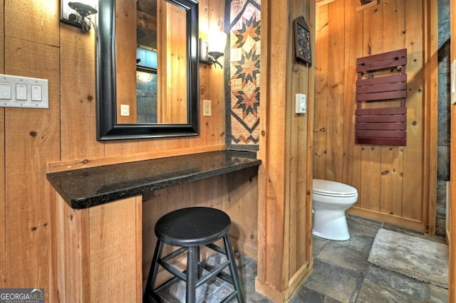 bathroom with wood walls and toilet