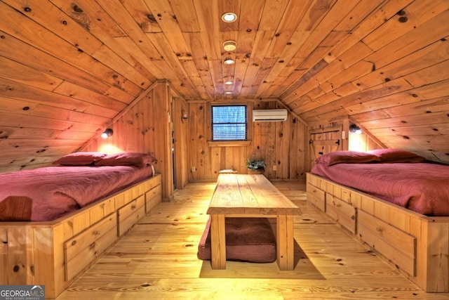 bedroom featuring a wall mounted air conditioner, wood walls, lofted ceiling, light hardwood / wood-style floors, and wood ceiling