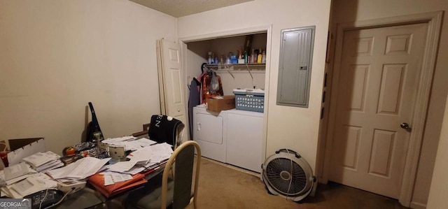 laundry room with electric panel, carpet, washer and dryer, and a textured ceiling