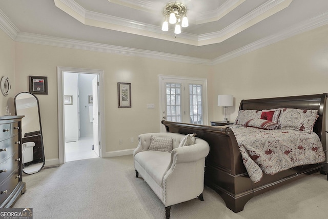 bedroom with light carpet, a raised ceiling, and ornamental molding