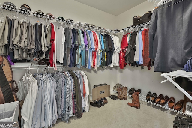 walk in closet featuring carpet flooring