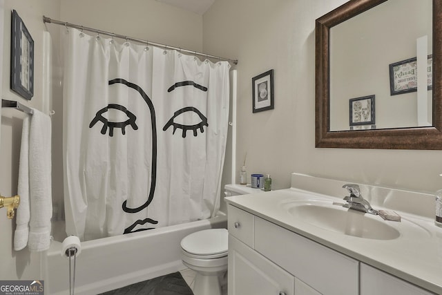 full bathroom with tile patterned flooring, vanity, toilet, and shower / bathtub combination with curtain