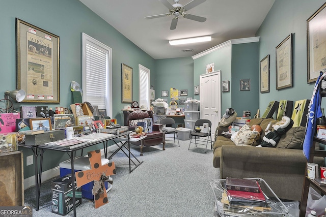 living room featuring carpet and ceiling fan