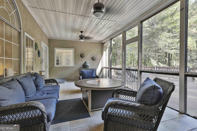 sunroom / solarium featuring ceiling fan and wood ceiling