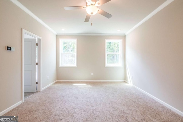 unfurnished room featuring ceiling fan, light colored carpet, and crown molding