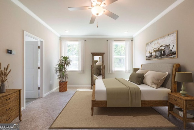 bedroom with ceiling fan, light colored carpet, and ornamental molding