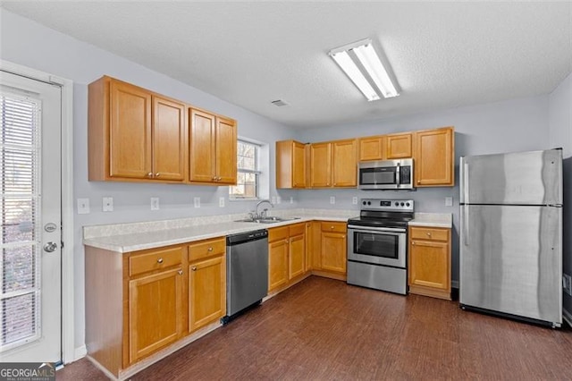 kitchen featuring stainless steel appliances, plenty of natural light, dark hardwood / wood-style floors, and sink