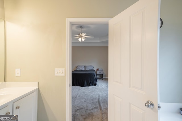 bathroom with a raised ceiling, ceiling fan, vanity, and ornamental molding