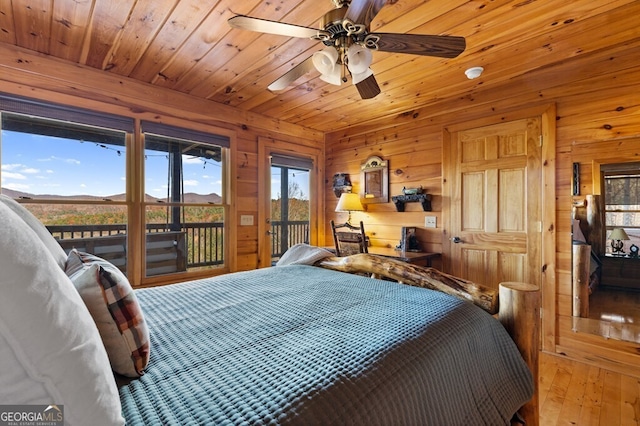 bedroom featuring access to outside, ceiling fan, wood ceiling, and wood walls