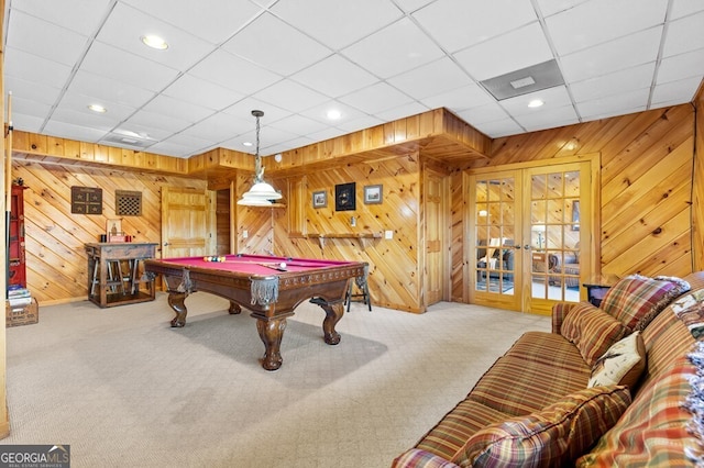 recreation room featuring carpet floors, a paneled ceiling, and pool table