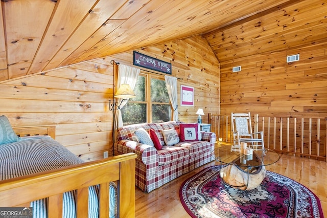 living room with wood walls, wooden ceiling, vaulted ceiling, and hardwood / wood-style flooring