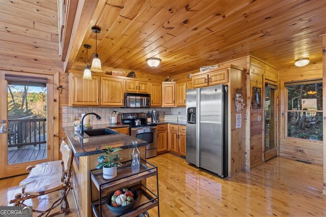 kitchen featuring sink, kitchen peninsula, appliances with stainless steel finishes, decorative light fixtures, and wood ceiling