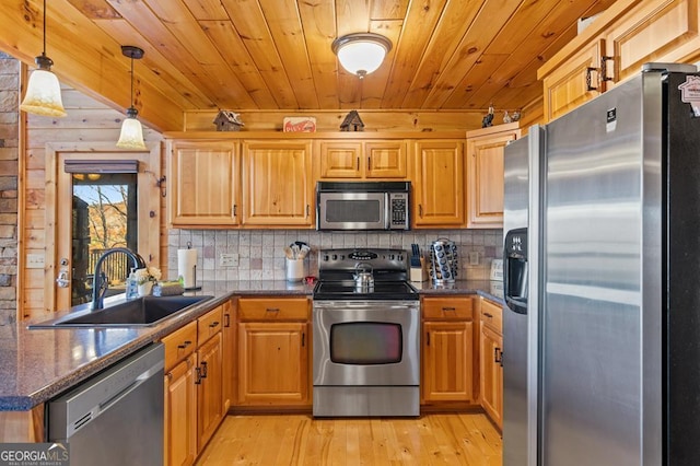 kitchen with wooden ceiling, sink, light wood-type flooring, decorative light fixtures, and stainless steel appliances