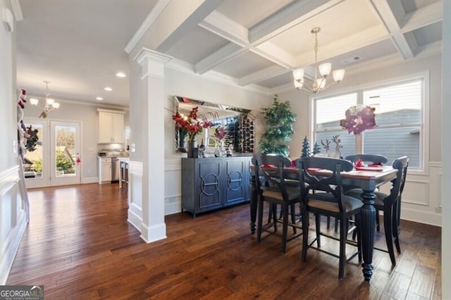 dining area featuring beamed ceiling, coffered ceiling, dark hardwood / wood-style flooring, and a notable chandelier