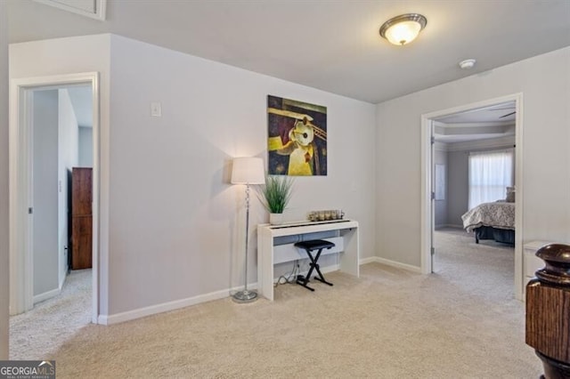 home office featuring light carpet