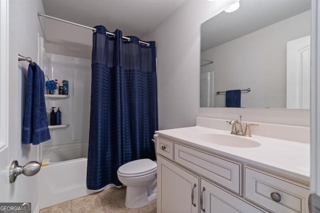 full bathroom featuring shower / bath combination with curtain, vanity, and toilet