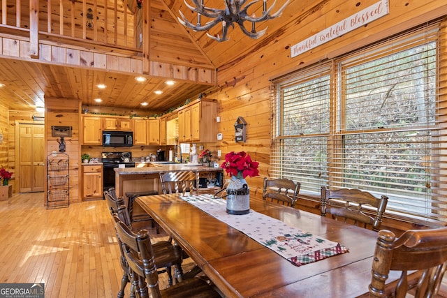 dining space featuring light hardwood / wood-style flooring, wooden walls, and wood ceiling