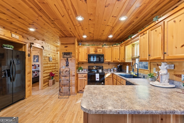 kitchen featuring light wood-type flooring, kitchen peninsula, wood ceiling, black appliances, and sink