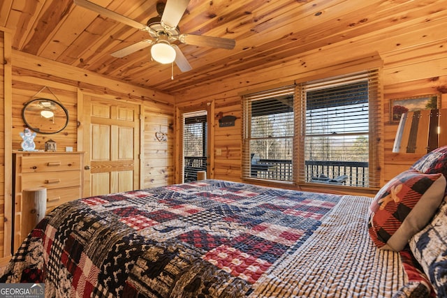 bedroom featuring access to exterior, wood walls, ceiling fan, and wood ceiling