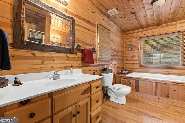 bathroom with wood walls, toilet, wooden ceiling, wood-type flooring, and vanity