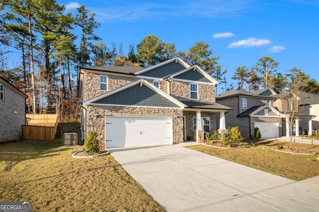 view of front of home featuring a garage, a front yard, and cooling unit