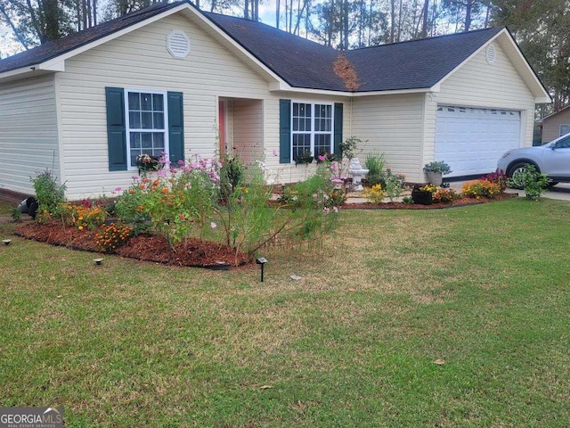 ranch-style house with a garage and a front yard