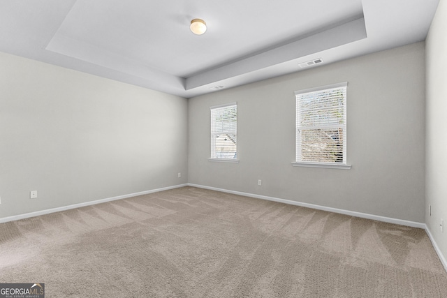 carpeted spare room featuring a tray ceiling