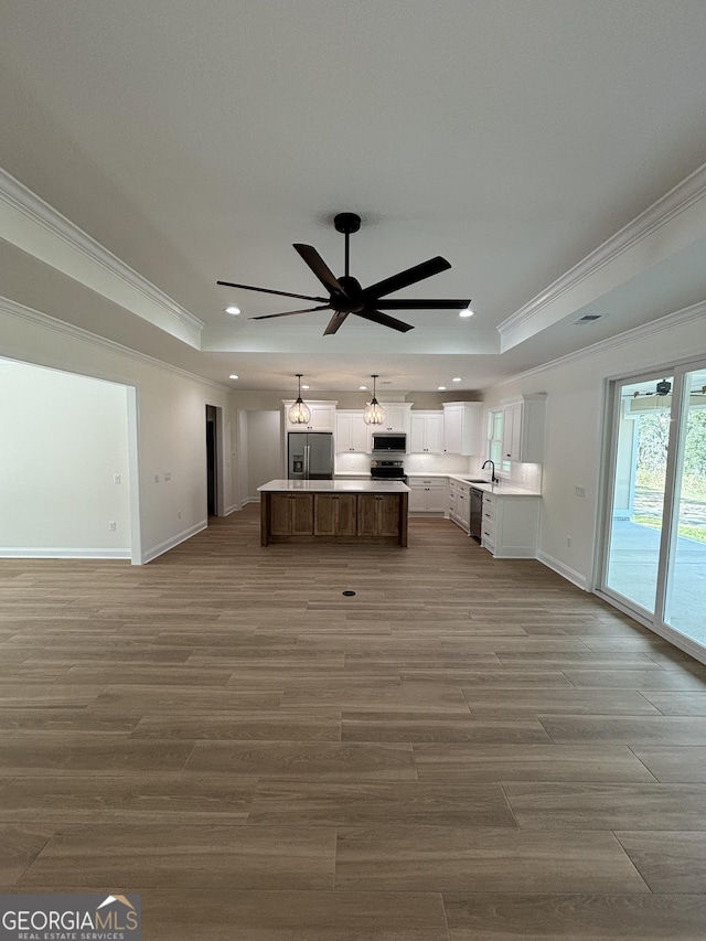 kitchen featuring a tray ceiling, stainless steel appliances, open floor plan, and crown molding