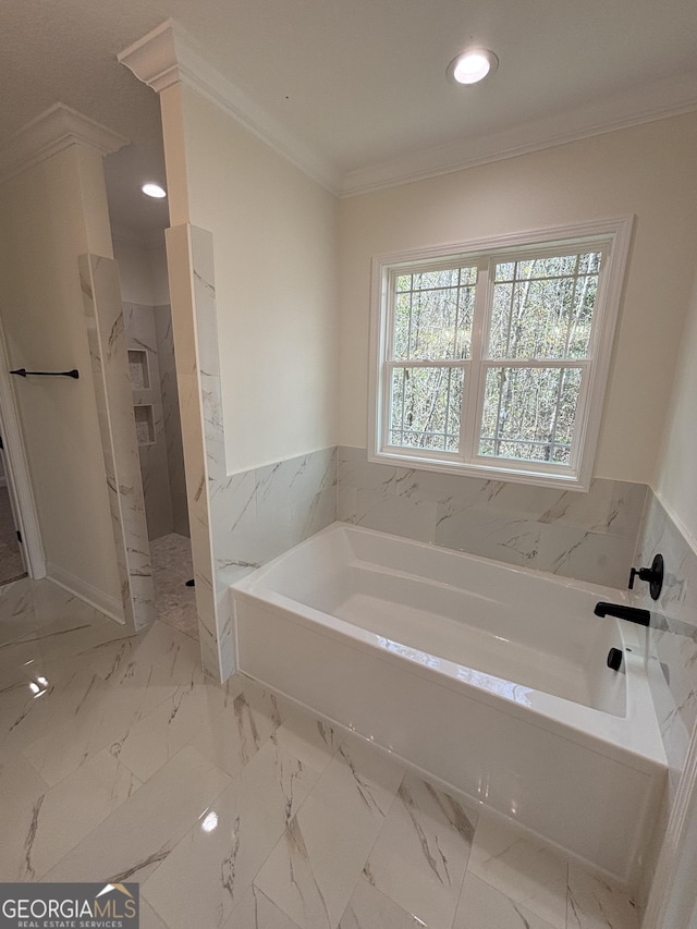 full bathroom featuring a walk in shower, ornamental molding, recessed lighting, a bath, and marble finish floor