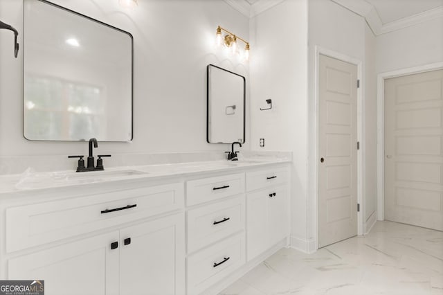 bathroom with double vanity, marble finish floor, ornamental molding, and a sink