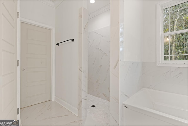 full bathroom featuring marble finish floor, a wealth of natural light, a marble finish shower, and a bath