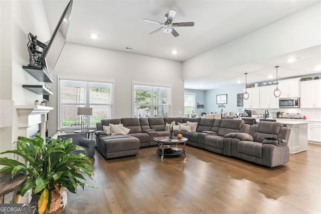 living room with wood-type flooring and ceiling fan