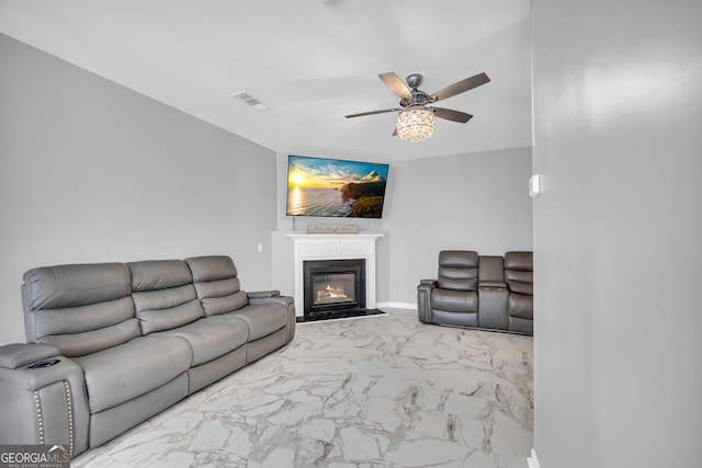 living room featuring ceiling fan