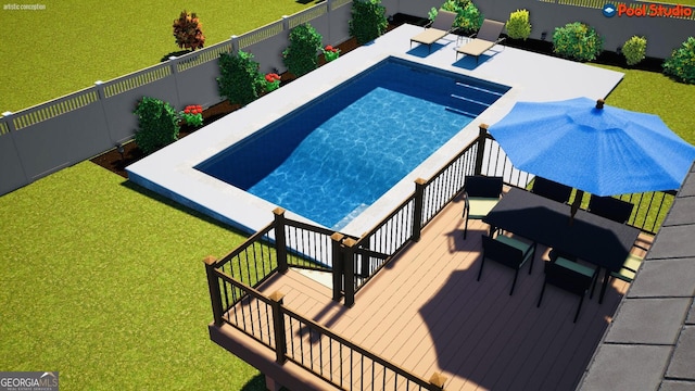 view of pool with a deck and a lawn