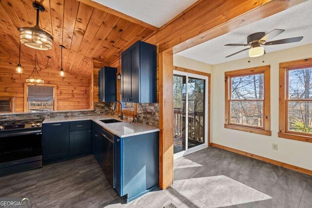 kitchen with wooden ceiling, electric stove, sink, decorative backsplash, and black dishwasher