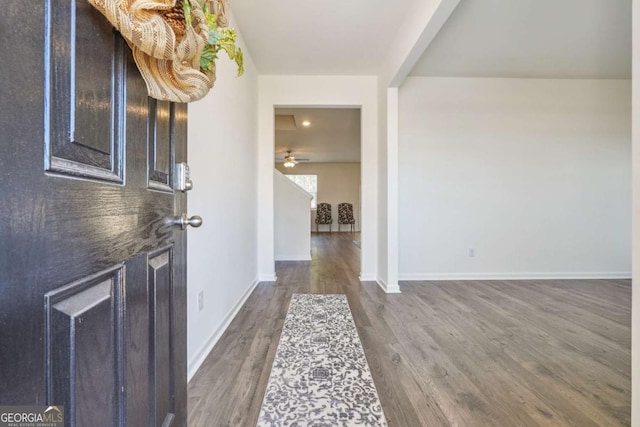 entryway featuring ceiling fan and dark wood-type flooring