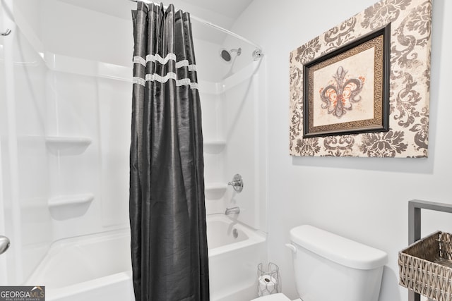 bathroom with shower / bathtub combination with curtain and toilet