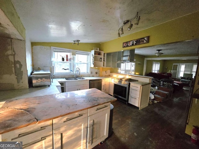 kitchen with sink, dishwashing machine, lofted ceiling, stainless steel range with electric stovetop, and island range hood