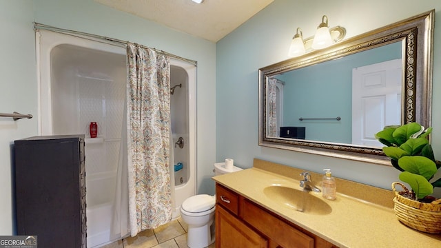 full bathroom with tile patterned floors, vanity, toilet, and shower / tub combo with curtain